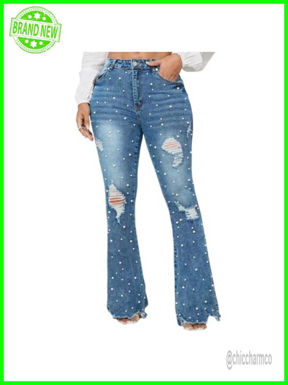 Flare Jeans Women Rhinestone Pearl Ripped Denim Pants Mid Rise Stretch Y2K